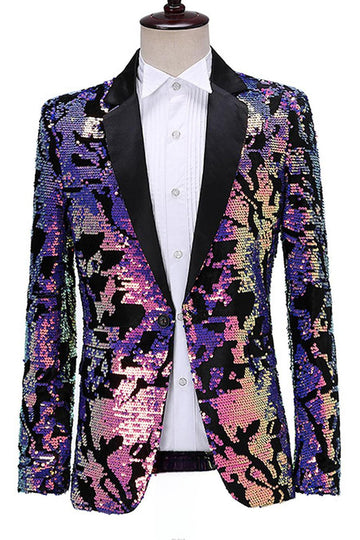 Blazer de bal à revers crantés bleu violet scintillant avec paillettes pour hommes